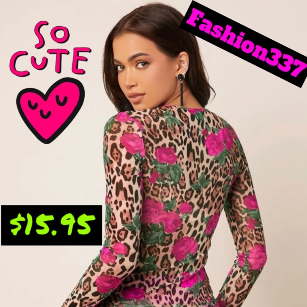 Super stylish cheetah print and hot pink roses long sleeve sheer top